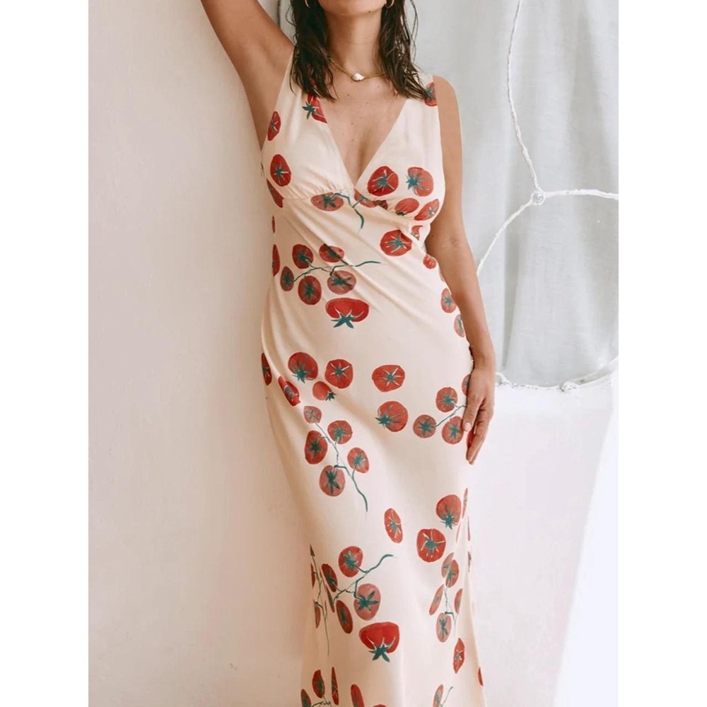 Tomato Girl Aesthetic Maxi V-Neck Tomato Print Dress